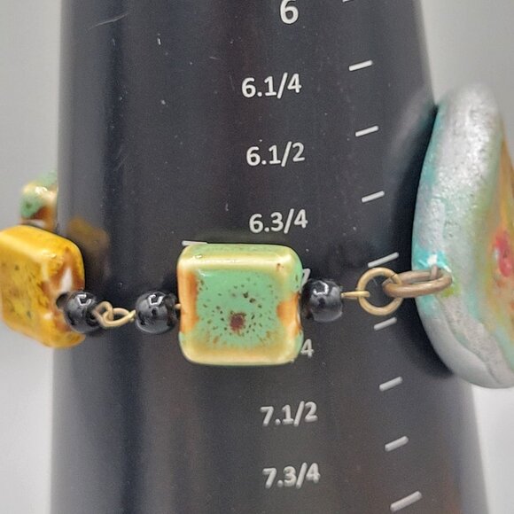 Handcrafted Ceramic and Clay Floral Bracelet Black Beads Lobster Clasp - Picture 8 of 9
